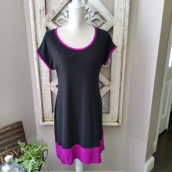 MSK Women's Petite Short Sleeve Shift Midi Dress in Black & Purple - Picture 2 of 7